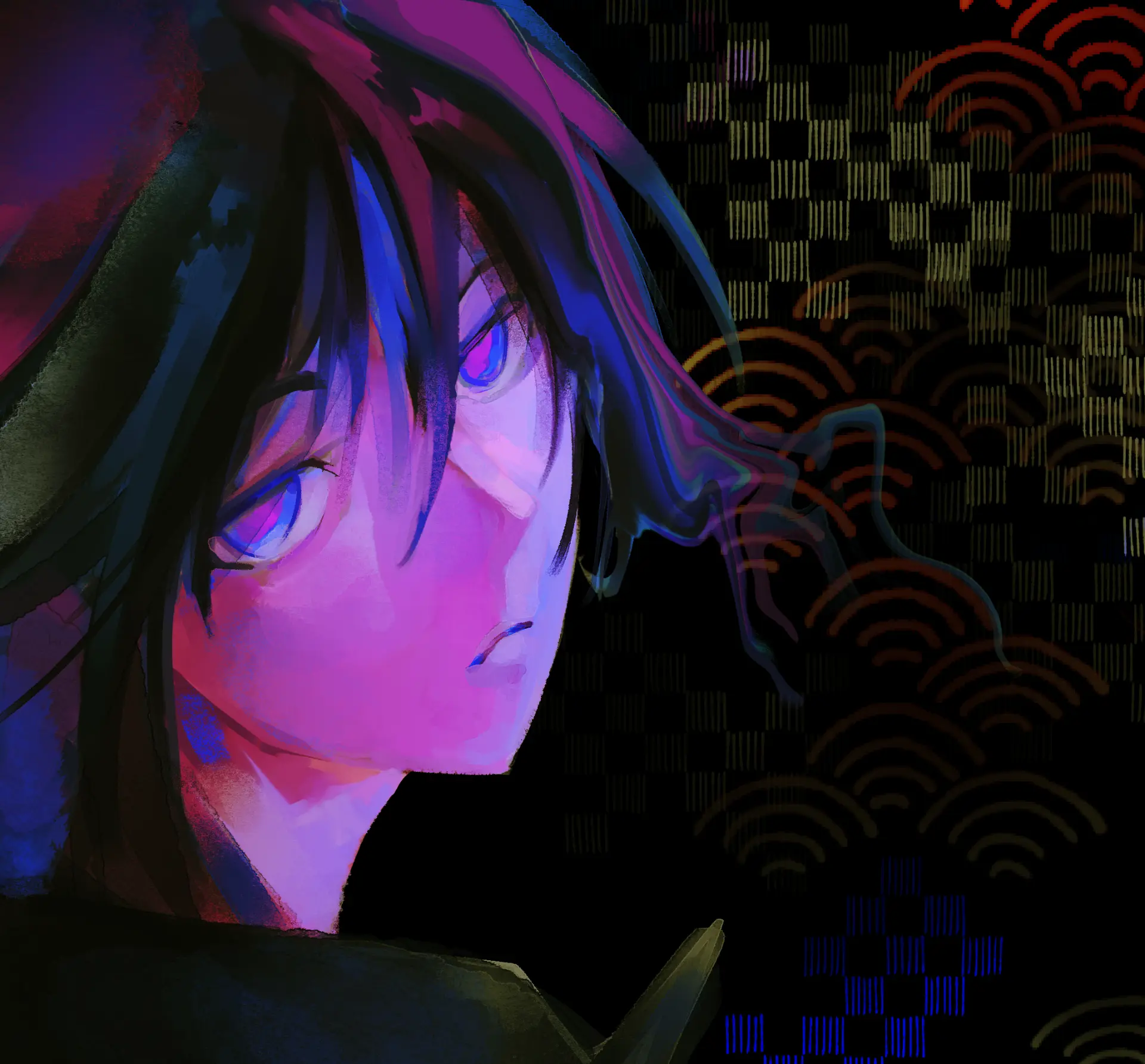 Blue and magenta character artwork